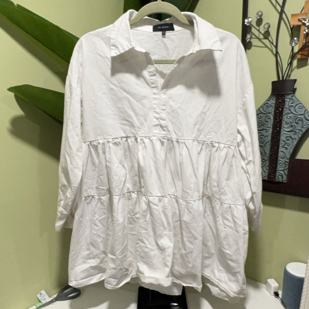 En Saison Tiered Tunic Dress Women's S White Cotton Collared Long Sleeve